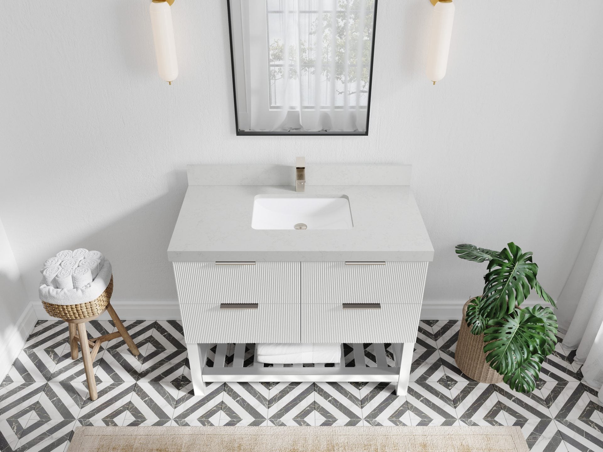 Catalina 42 in. W x 22 in. D Single Sink Bathroom Vanity in White with 2 in Cararra Quartz Countertop Top View