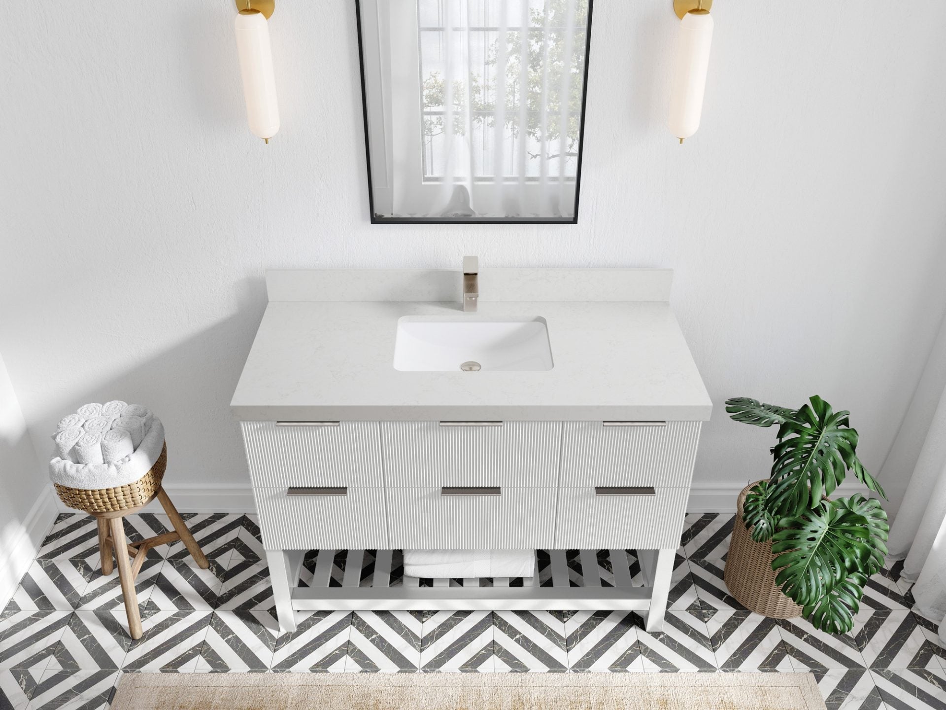 Catalina 48 in. W x 22 in. D Single Sink Bathroom Vanity in White with 2 in Carrara Quartz Countertop - Top View