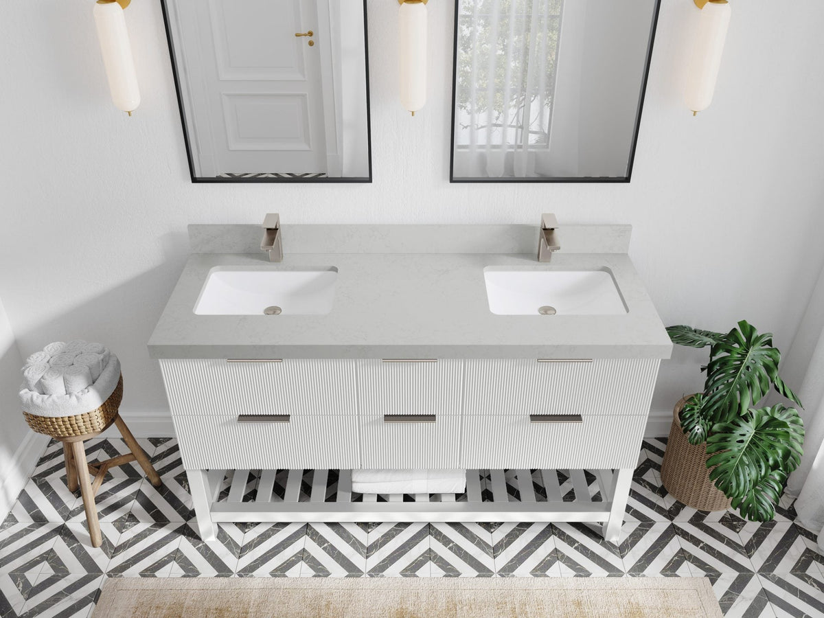 Catalina 60 in. W x 22 in. D Double Sink Bathroom Vanity in White with 2 in Carrara Quartz Countertop- Top View