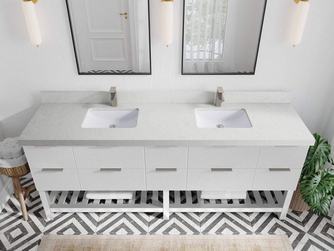 Catalina 84 in. W x 22 in. D Double Sink Bathroom Vanity in White with 2 in Carrara Quartz Countertop - Top View