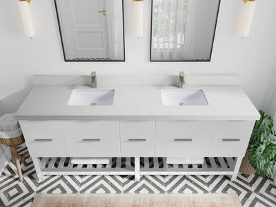 Catalina 84 in. W x 22 in. D Double Sink Bathroom Vanity in White with 2 in Carrara Quartz Countertop - Top View