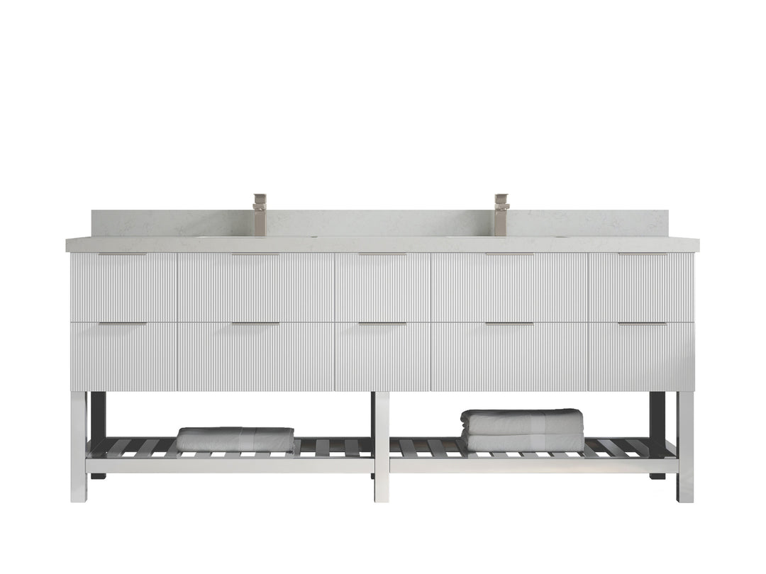 Catalina 84 in. W x 22 in. D Double Sink Bathroom Vanity in White with 2 in Carrara Quartz Countertop