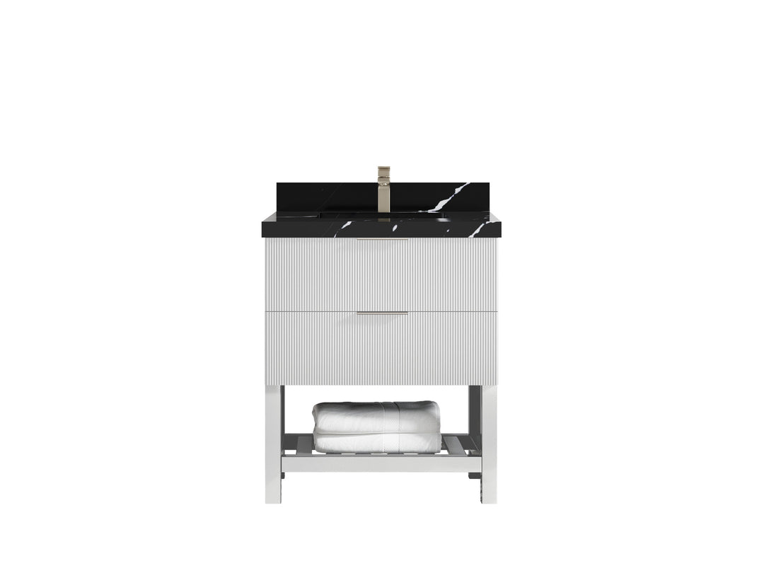 Catalina 30 in. W x 22 in. D Single Sink Bathroom Vanity in White with 2 in Calacatta Black Quartz Countertop