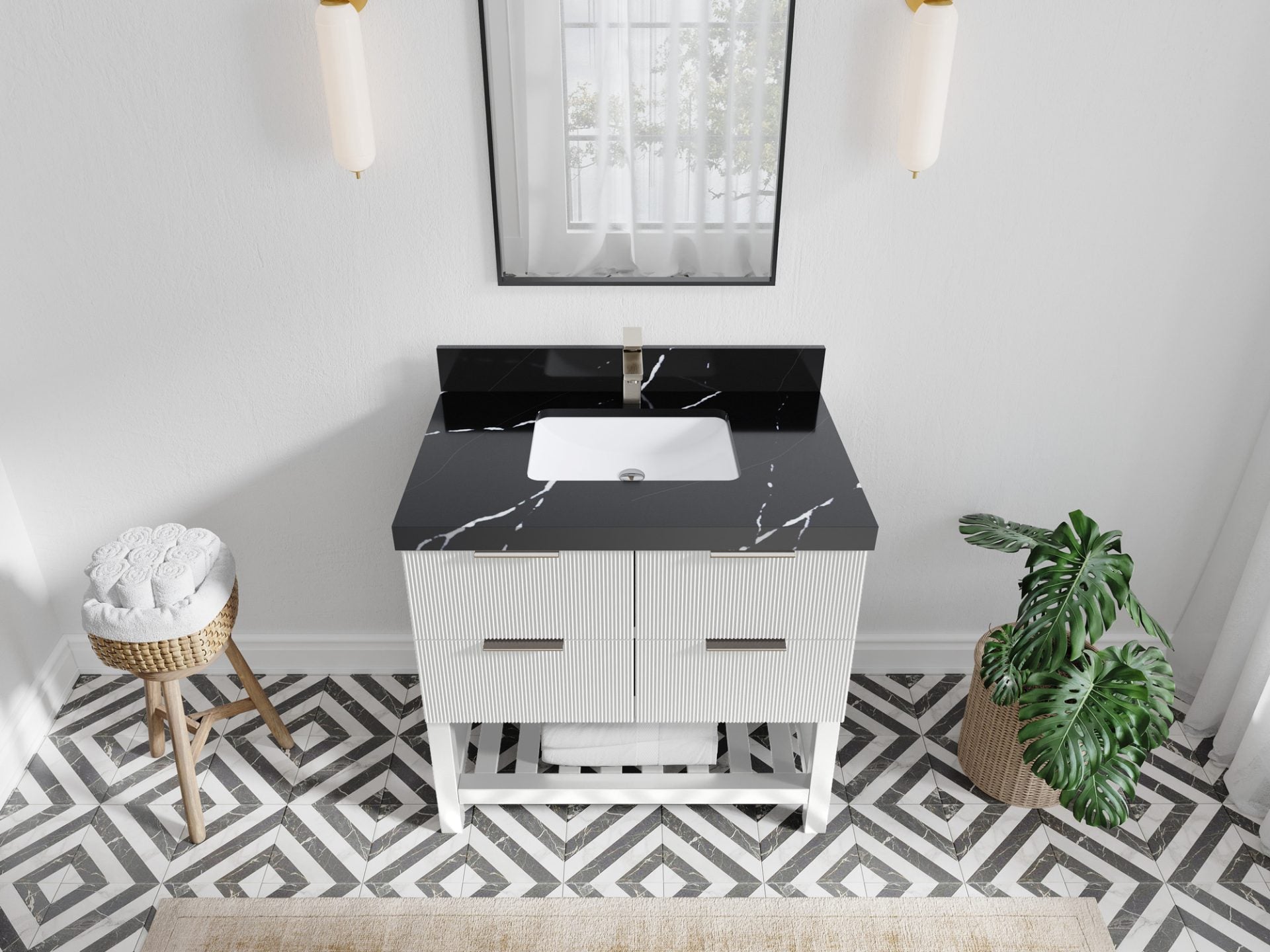 Catalina 36 in. W x 22 in. D Single Sink Bathroom Vanity in White with 2 in Calacatta Black Quartz Countertop - Top View