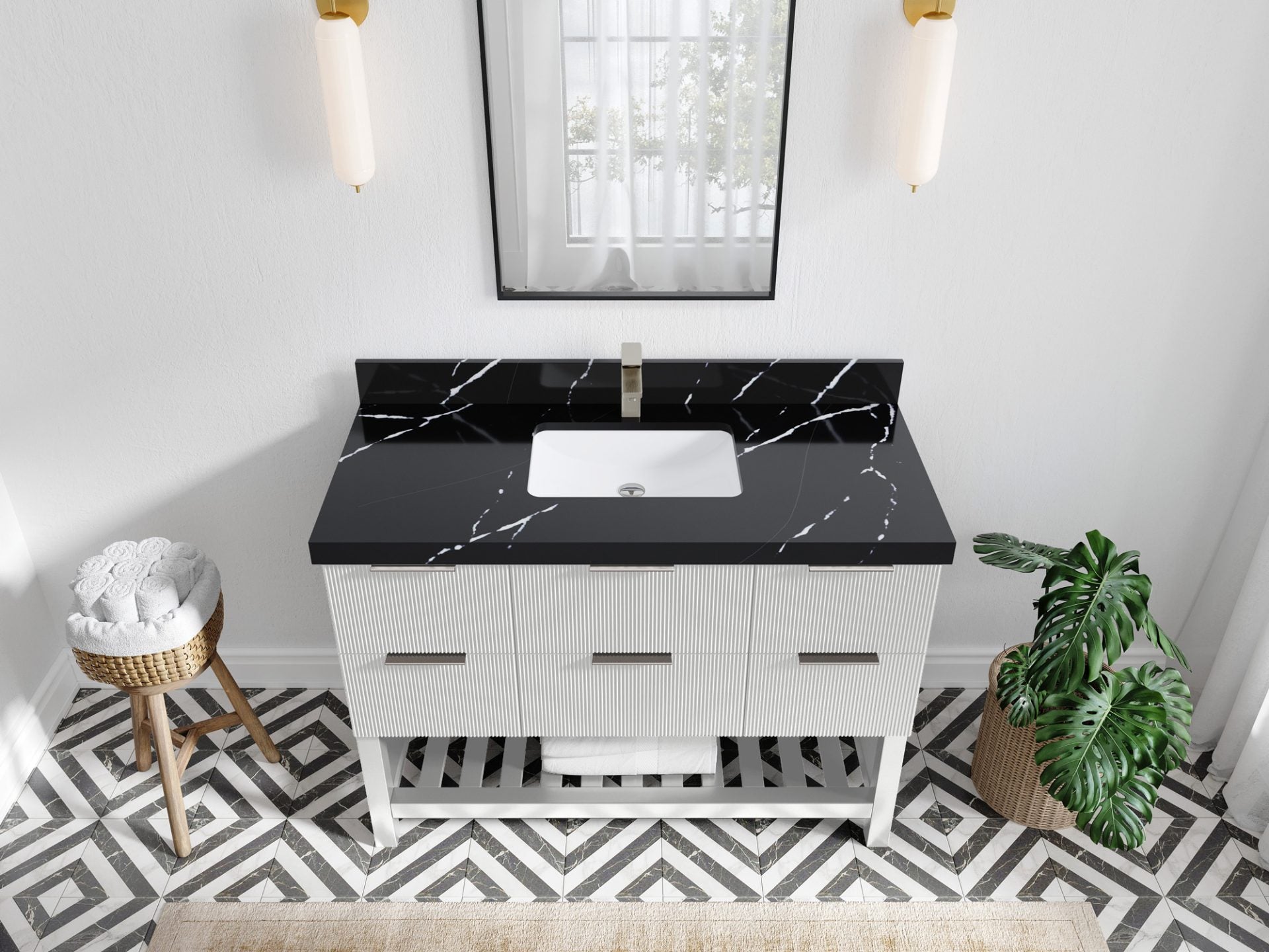 Catalina 48 in. W x 22 in. D Single Sink Bathroom Vanity in White with 2 in Calacatta Black Quartz Countertop - Top View