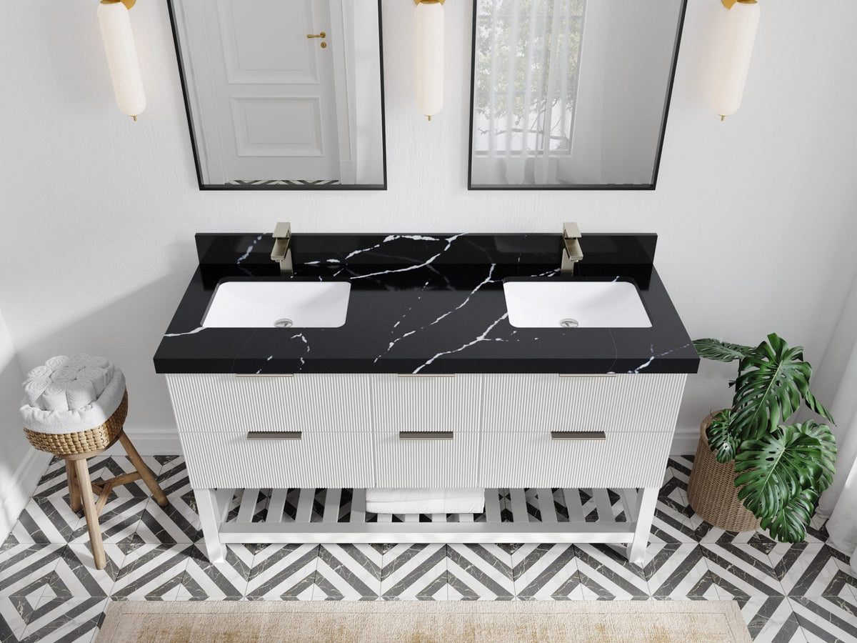 Catalina 60 in. W x 22 in. D Double Sink Bathroom Vanity in White with 2 in Calacatta Black Quartz Countertop- Top View