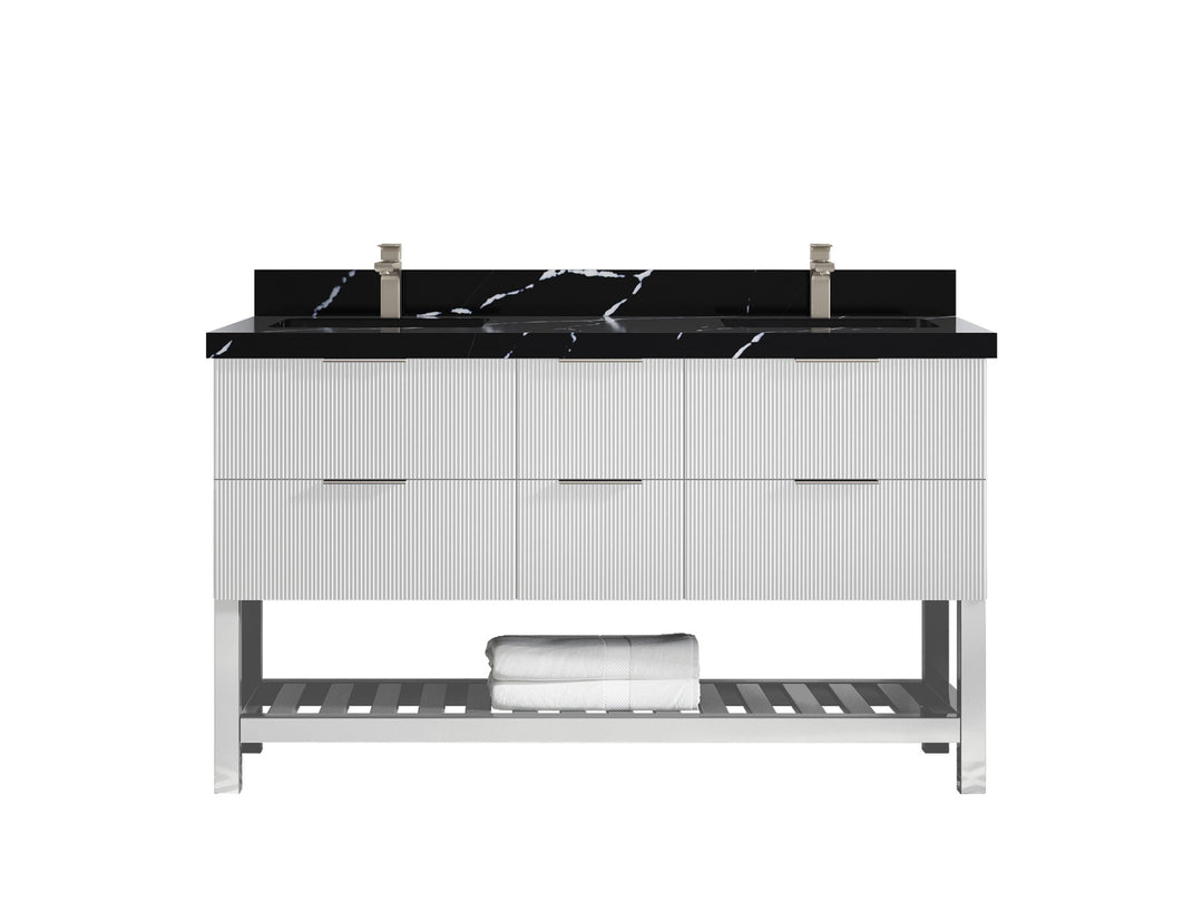 Catalina 60 in. W x 22 in. D Double Sink Bathroom Vanity in White with 2 in Calacatta Black Quartz Countertop