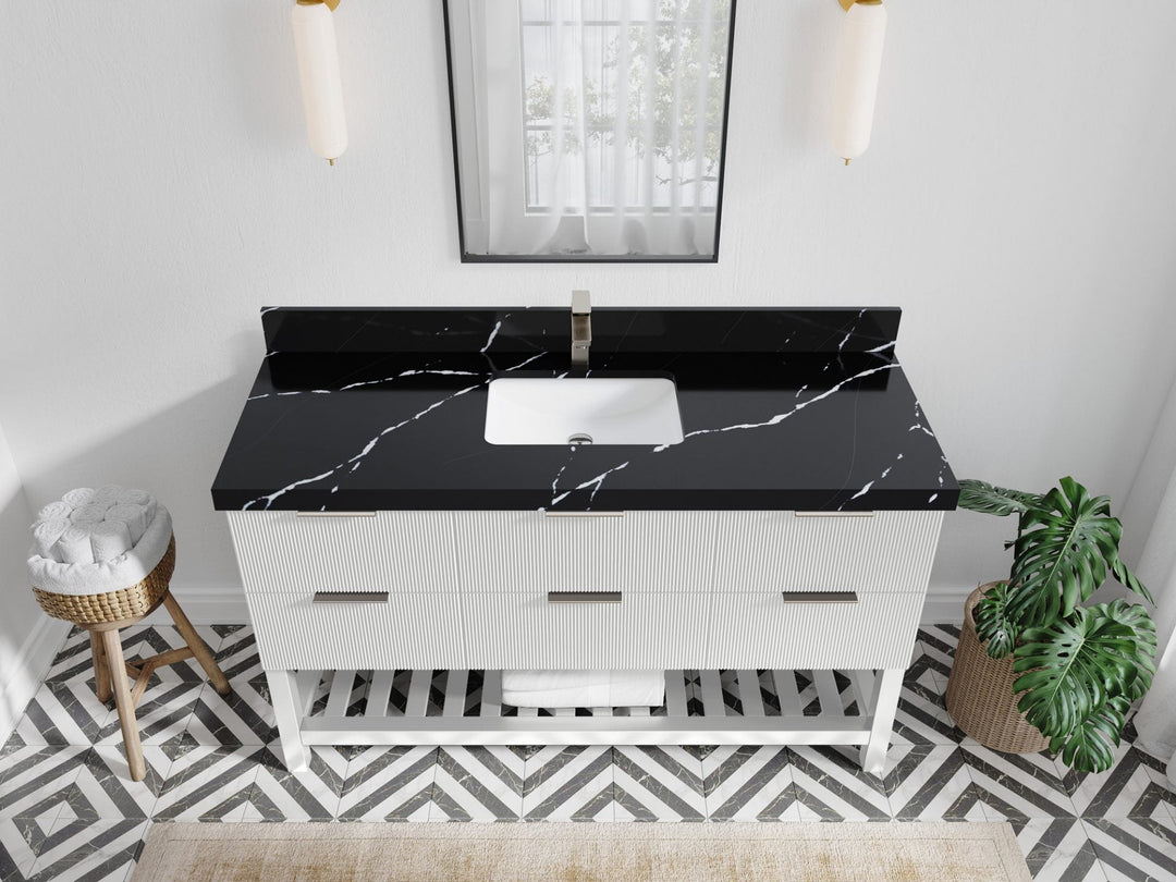 Catalina 60 in. W x 22 in. D Single Sink Bathroom Vanity in White with 2 in Calacatta Black Quartz Countertop - Top View