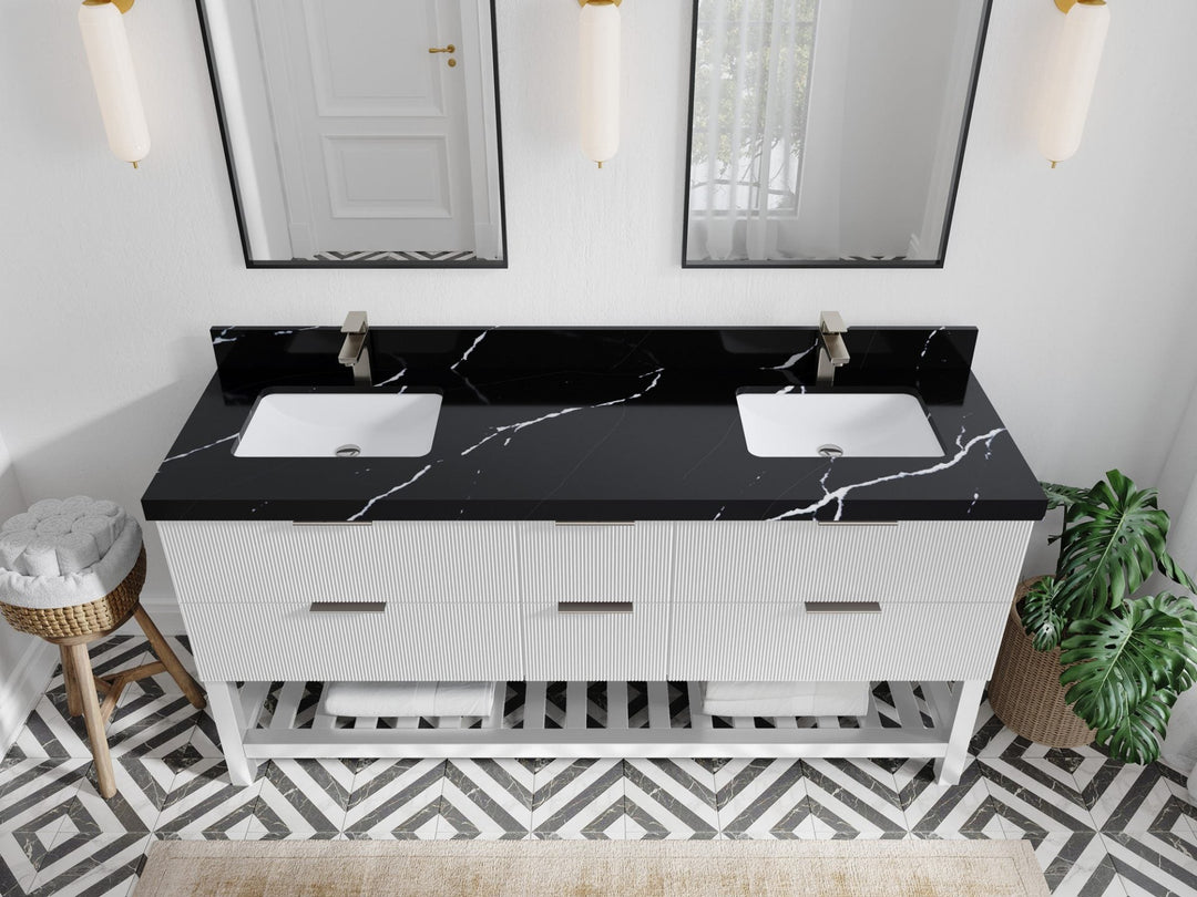 Catalina 72 in. W x 22 in. D Double Sink Bathroom Vanity in White with 2 in Calacatta Black Quartz Countertop - Top View