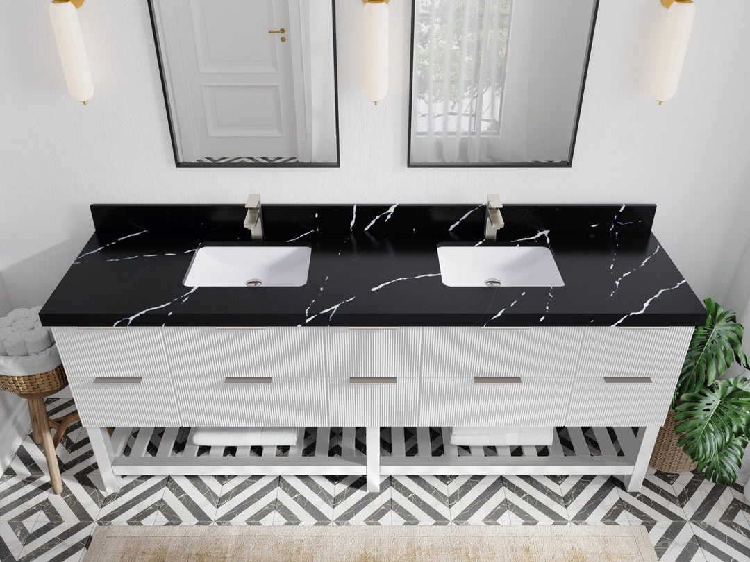 Catalina 84 in. W x 22 in. D Double Sink Bathroom Vanity in White with 2 in Calacatta Black Quartz Countertop - Top View