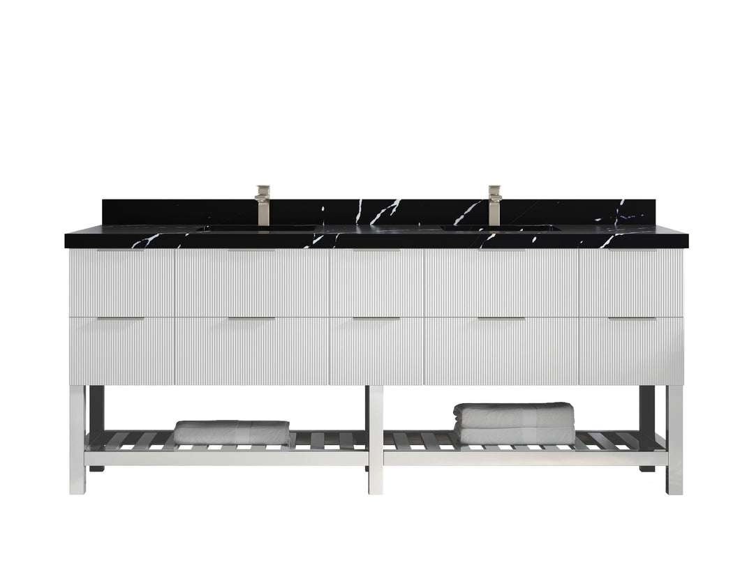 Catalina 84 in. W x 22 in. D Double Sink Bathroom Vanity in White with 2 in Calacatta Black Quartz Countertop
