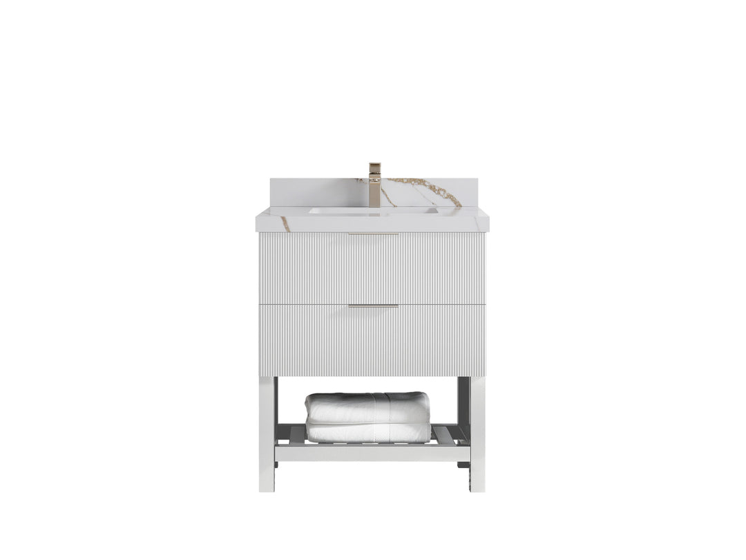 Catalina 30 in. W x 22 in. D Single Sink Bathroom Vanity in White with 2 in Calacatta Gold Quartz Countertop