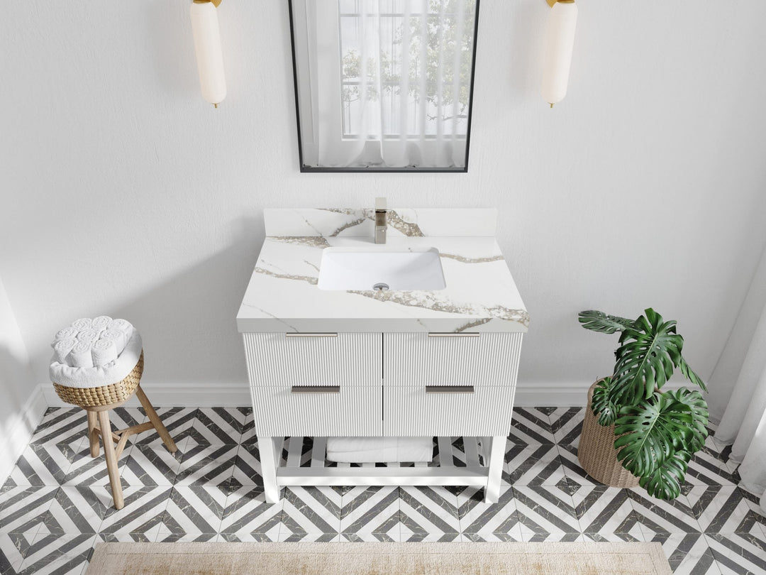 Catalina 36 in. W x 22 in. D Single Sink Bathroom Vanity in White with 2 in Calacatta Gold Quartz Countertop - Top View