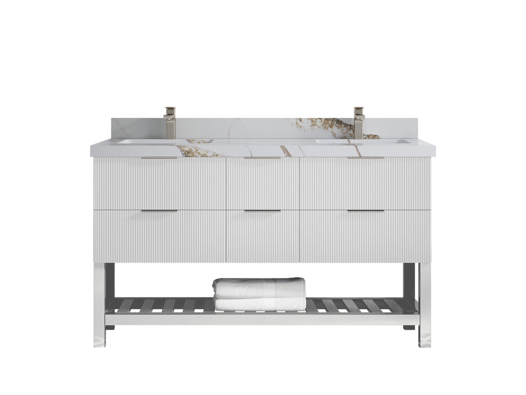 Catalina 60 in. W x 22 in. D Double Sink Bathroom Vanity in White with 2 in Calacatta Gold Quartz Countertop