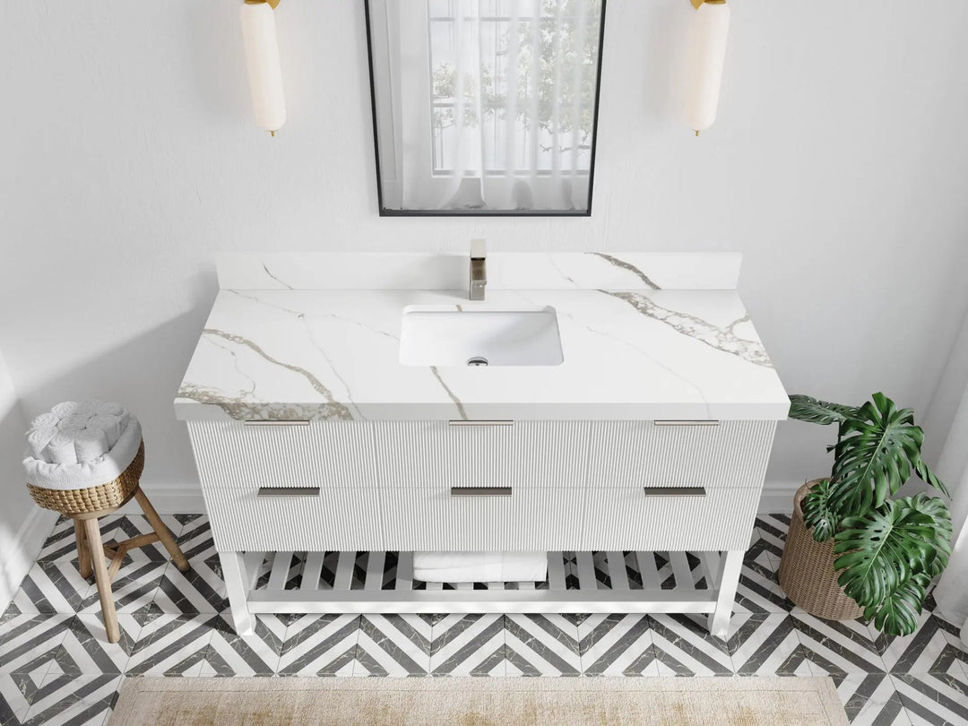 Catalina 60 in. W x 22 in. D Single Sink Bathroom Vanity in White with 2 in Calacatta Gold Quartz Countertop - Top View