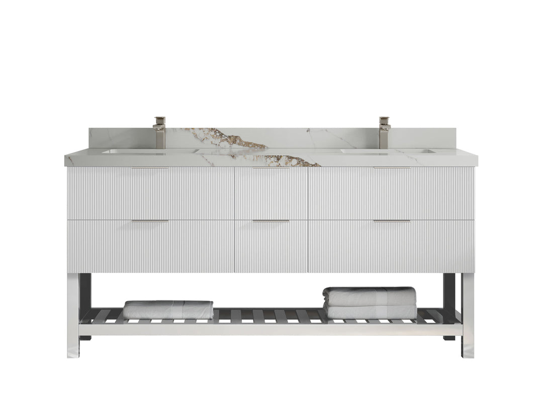 Catalina 72 in. W x 22 in. D Double Sink Bathroom Vanity in White with 2 in Calacatta Gold Quartz Countertop