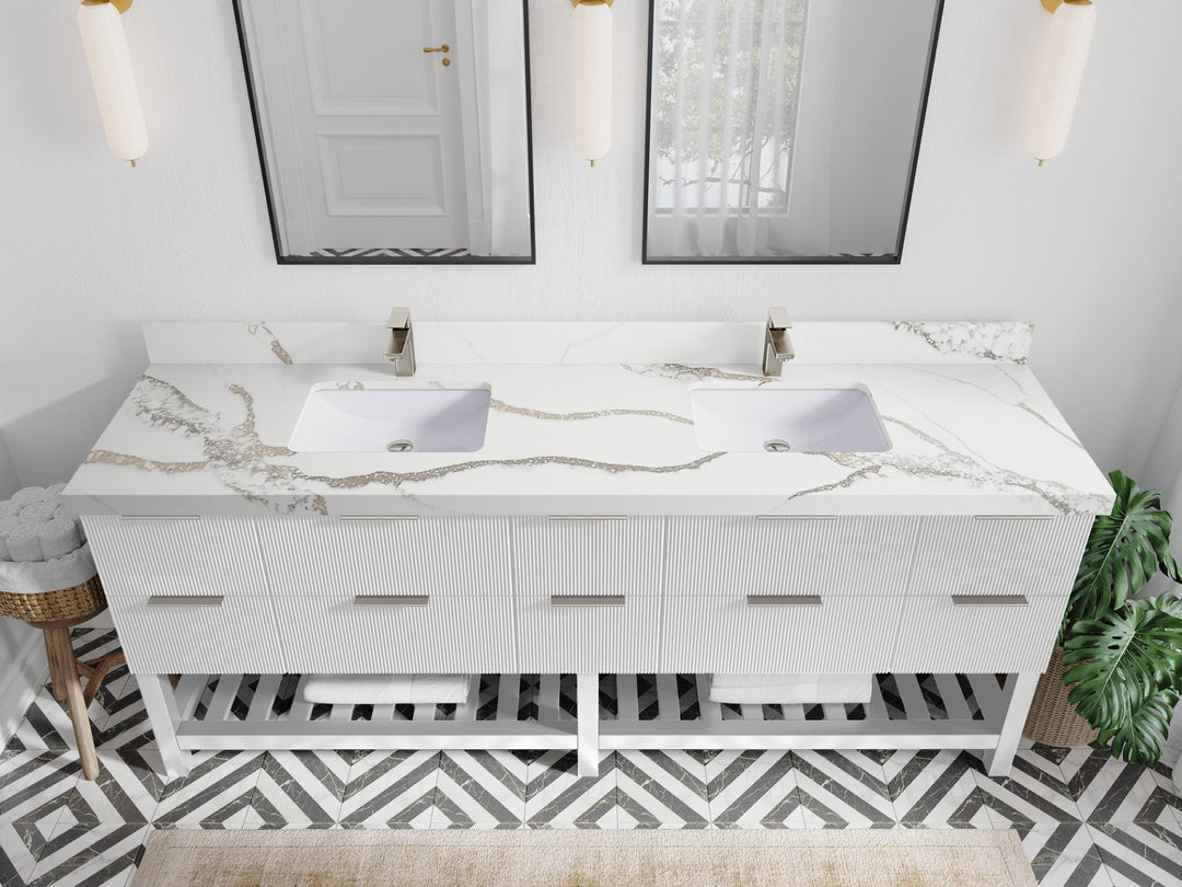 Catalina 84 in. W x 22 in. D Double Sink Bathroom Vanity in White with 2 in Calacatta Gold Quartz Countertop - Top View