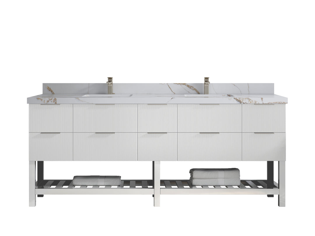 Catalina 84 in. W x 22 in. D Double Sink Bathroom Vanity in White with 2 in Calacatta Gold Quartz Countertop 