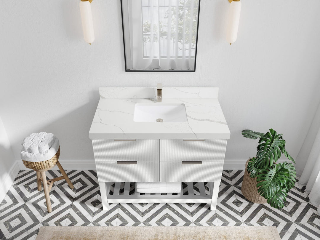 Catalina 42 in. W x 22 in. D Single Sink Bathroom Vanity in White with 2 in Calacatta Laza Quartz Countertop Top View