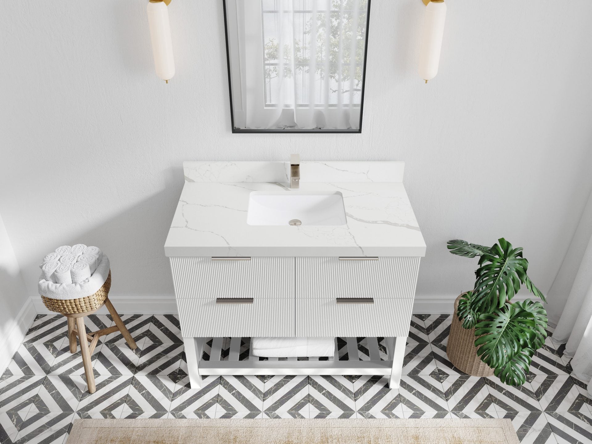 Catalina 42 in. W x 22 in. D Single Sink Bathroom Vanity in White with 2 in Calacatta Laza Quartz Countertop Top View