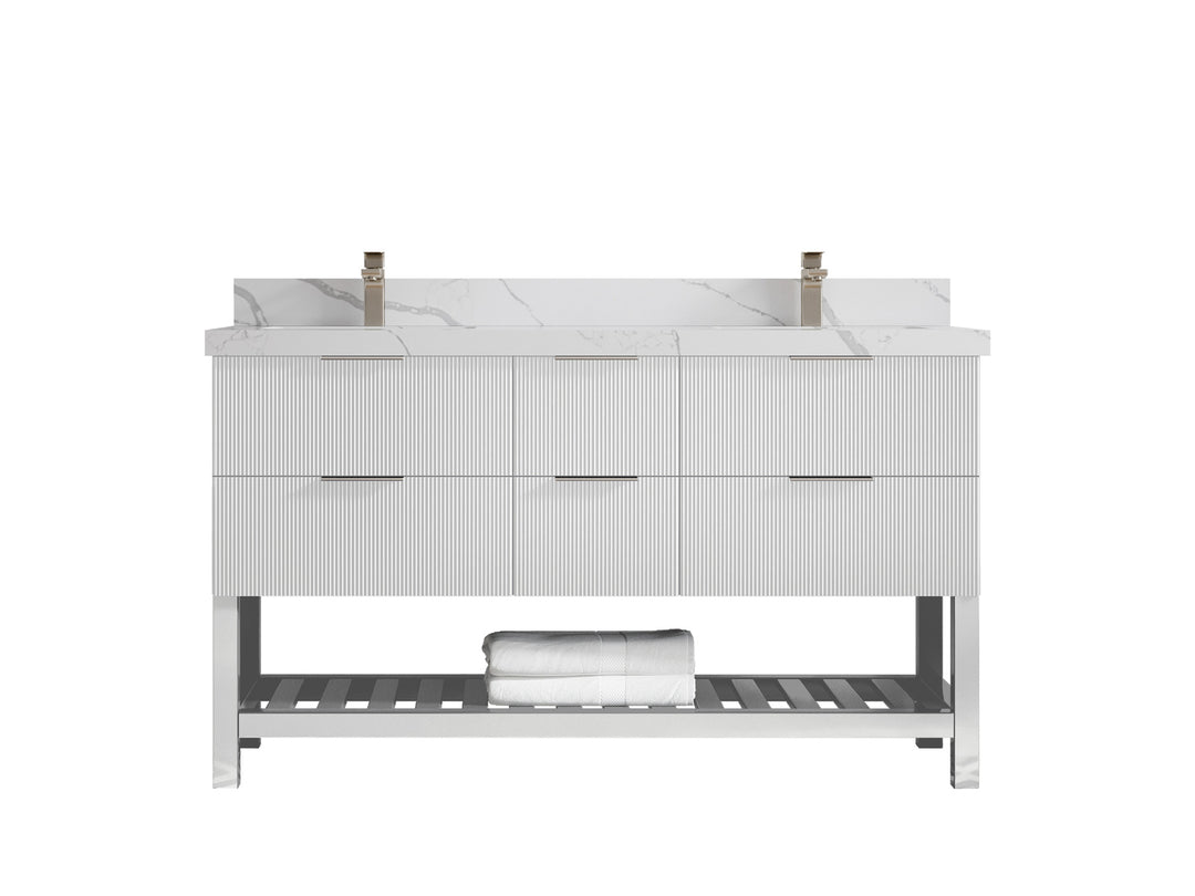 Catalina 60 in. W x 22 in. D Double Sink Bathroom Vanity in White with 2 in Calacatta Laza Quartz Countertop