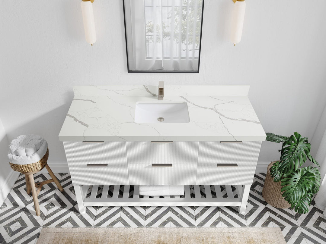 Catalina 60 in. W x 22 in. D Single Sink Bathroom Vanity in White with 2 in Calacatta Laza Quartz Countertop - Top View
