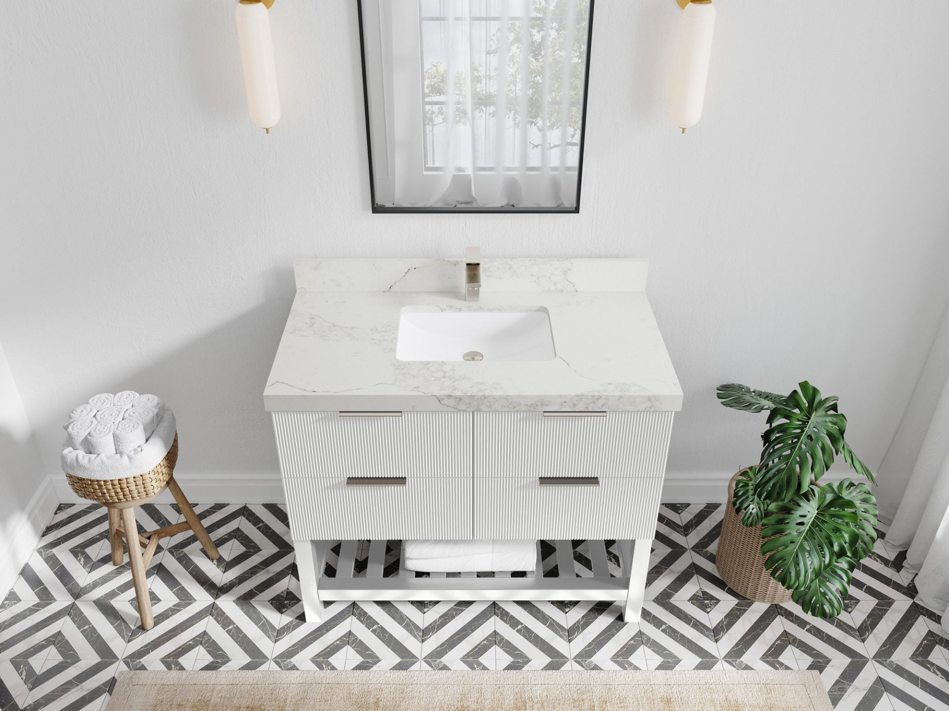 Catalina 42 in. W x 22 in. D Single Sink Bathroom Vanity in White with 2 in Calacatta Nuvo Quartz Countertop Top View