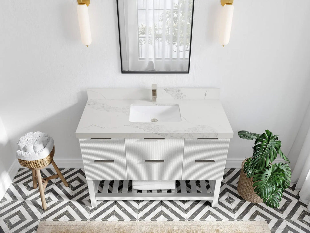 Catalina 48 in. W x 22 in. D Single Sink Bathroom Vanity in White with 2 in Calacatta Nuvo Quartz Countertop - Top View