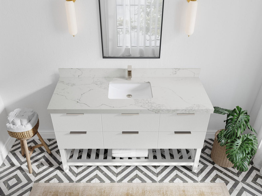 Catalina 60 in. W x 22 in. D Single Sink Bathroom Vanity in White with 2 in Calacatta Nuvo Quartz Countertop - Top View