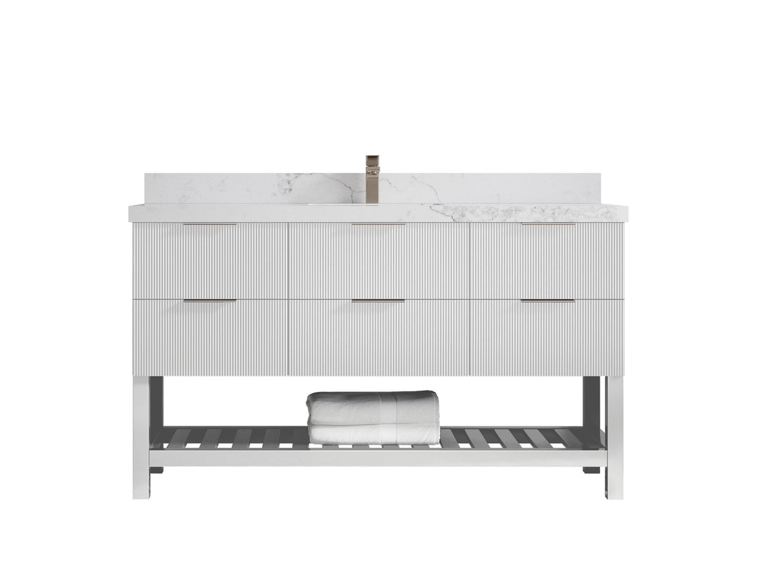 Catalina 60 in. W x 22 in. D Single Sink Bathroom Vanity in White with 2 in Calacatta Nuvo Quartz Countertop