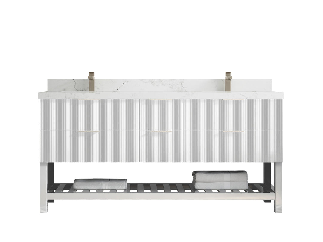 Catalina 72 in. W x 22 in. D Double Sink Bathroom Vanity in White with 2 in Calacatta Nuvo Quartz Countertop