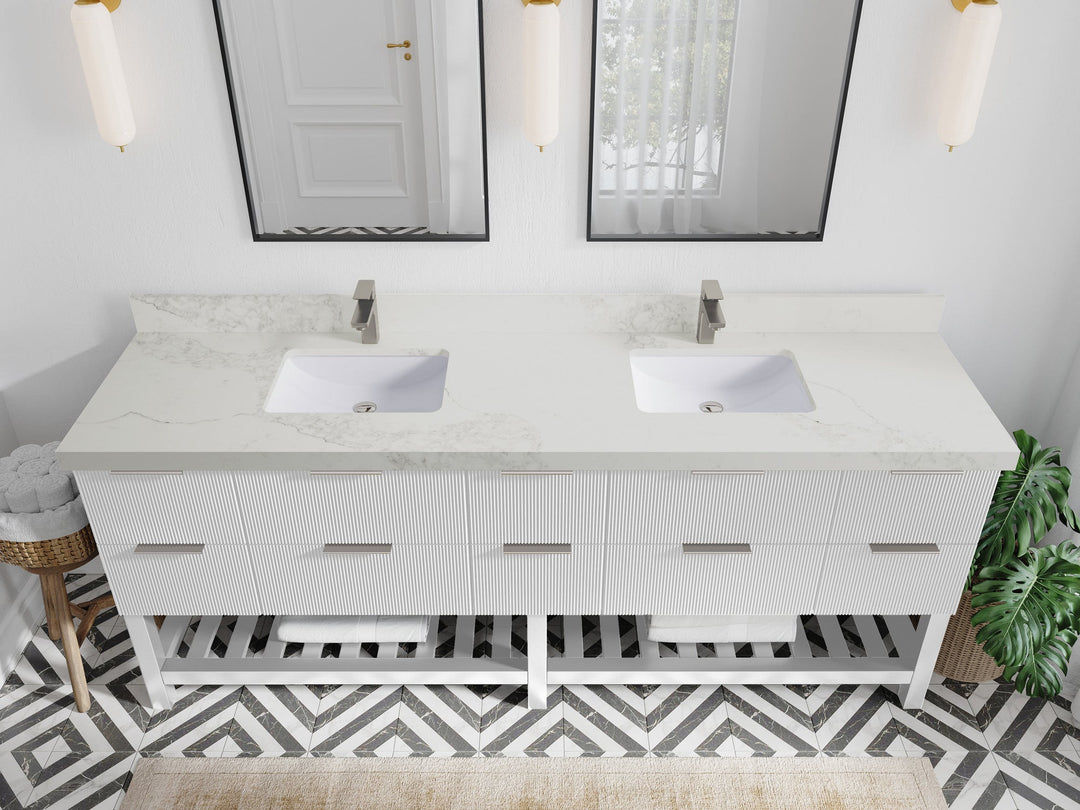 Catalina 84 in. W x 22 in. D Double Sink Bathroom Vanity in White with 2 in Calacatta Nuvo Quartz Countertop - Top View