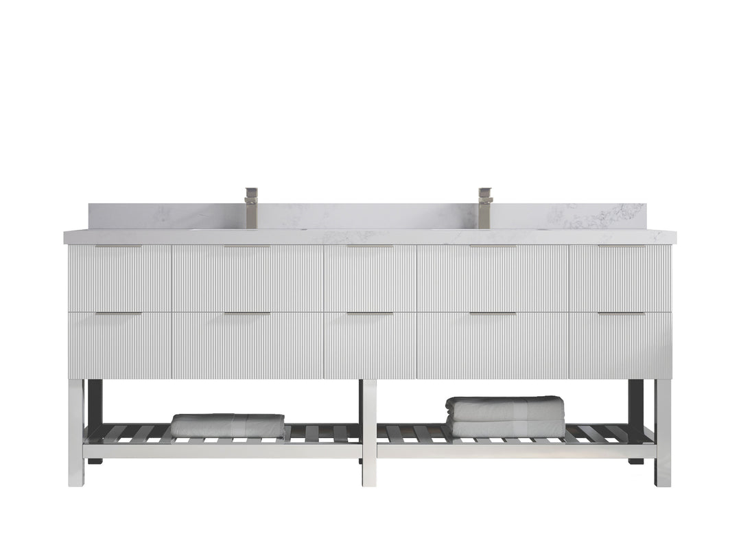 Catalina 84 in. W x 22 in. D Double Sink Bathroom Vanity in White with 2 in Calacatta Nuvo Quartz Countertop