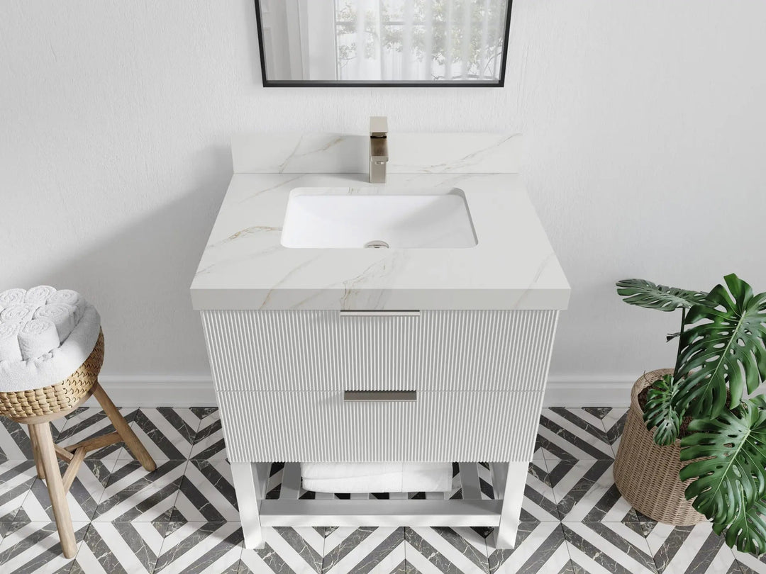 Catalina 30 in. W x 22 in. D Single Sink Bathroom Vanity in White with 2 in Calacatta Sienna Quartz Countertop - Top View