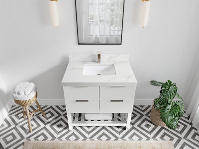 Catalina 36 in. W x 22 in. D Single Sink Bathroom Vanity in White with 2 in Calacatta Sienna Quartz Countertop - Top View