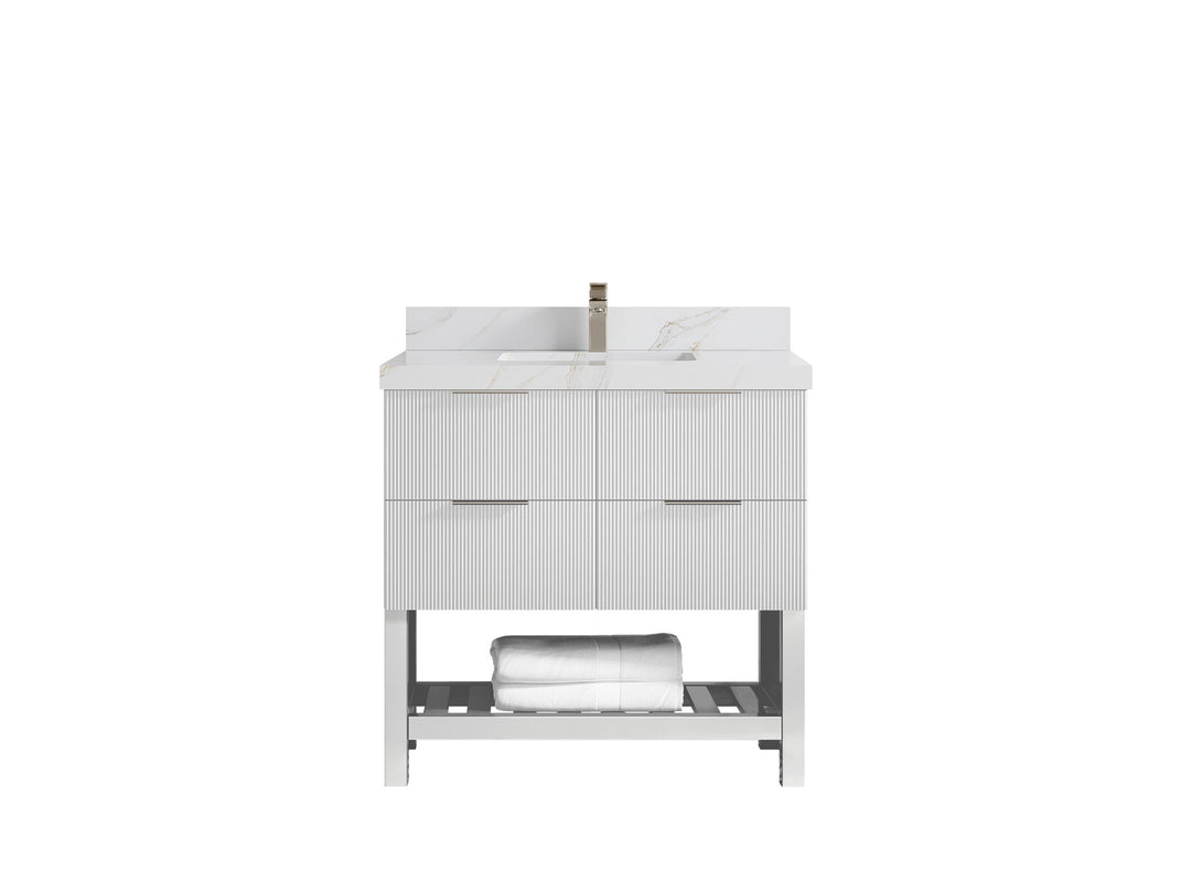Catalina 36 in. W x 22 in. D Single Sink Bathroom Vanity in White with 2 in Calacatta Sienna Quartz Countertop 