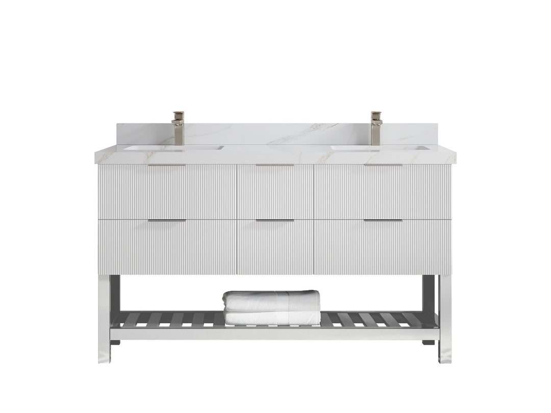 Catalina 60 in. W x 22 in. D Double Sink Bathroom Vanity in White with 2 in Calacatta Sienna Quartz Countertop