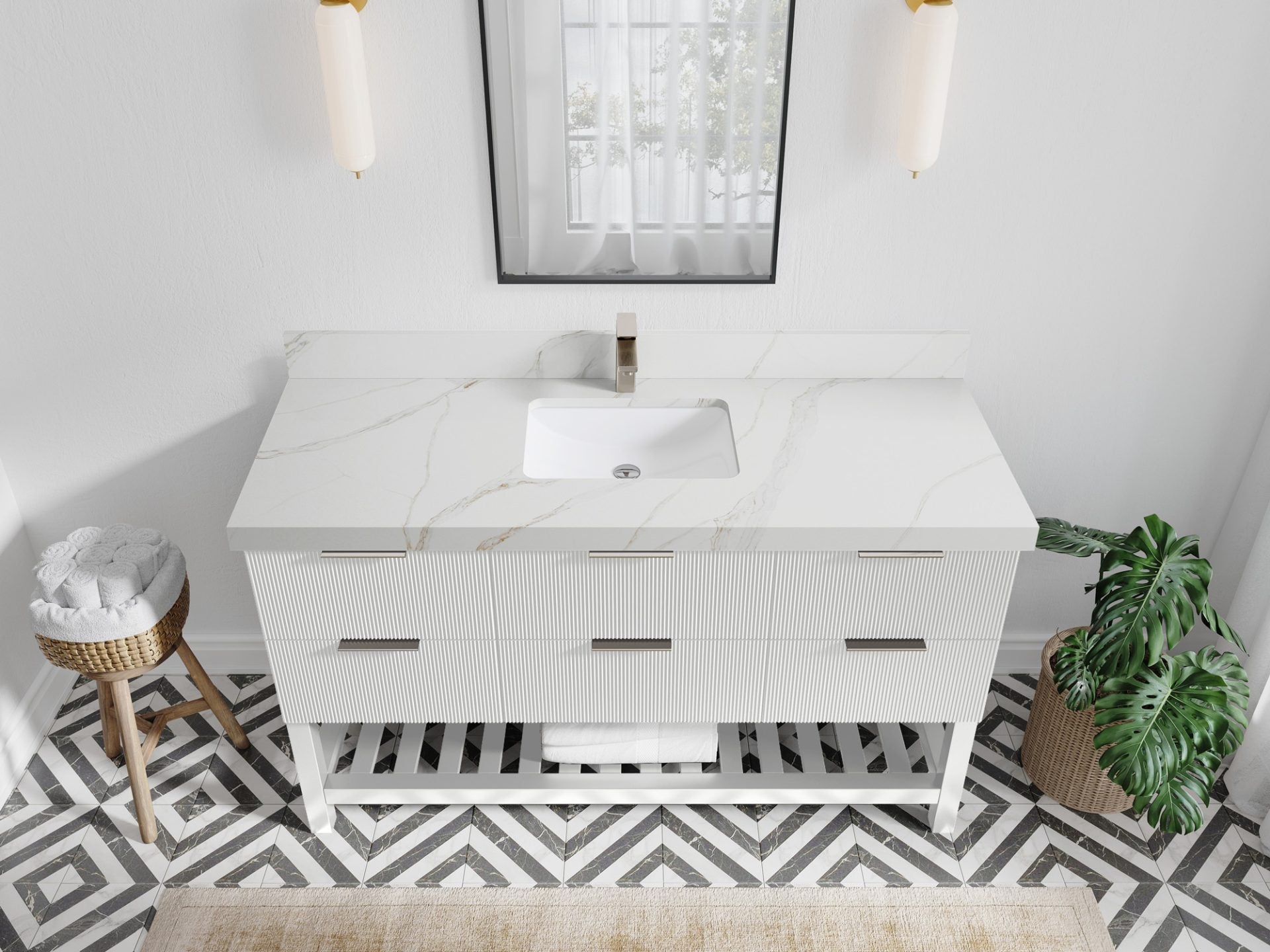 Catalina 60 in. W x 22 in. D Single Sink Bathroom Vanity in White with 2 in Calacatta Sienna Quartz Countertop - Top View