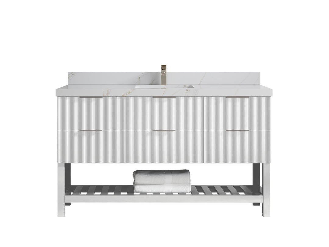 Catalina 60 in. W x 22 in. D Single Sink Bathroom Vanity in White with 2 in Calacatta Sienna Quartz Countertop