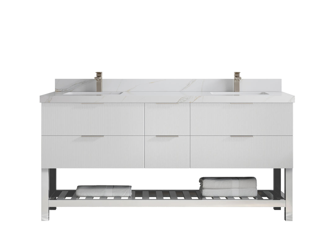 Catalina 72 in. W x 22 in. D Double Sink Bathroom Vanity in White with 2 in Calacatta Sienna Quartz Countertop