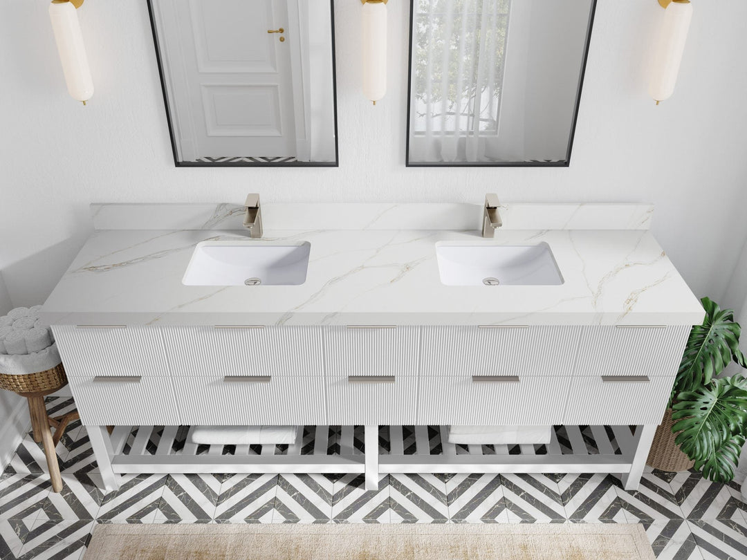 Catalina 84 in. W x 22 in. D Double Sink Bathroom Vanity in White with 2 in Calacatta Sienna Quartz Countertop - Top View