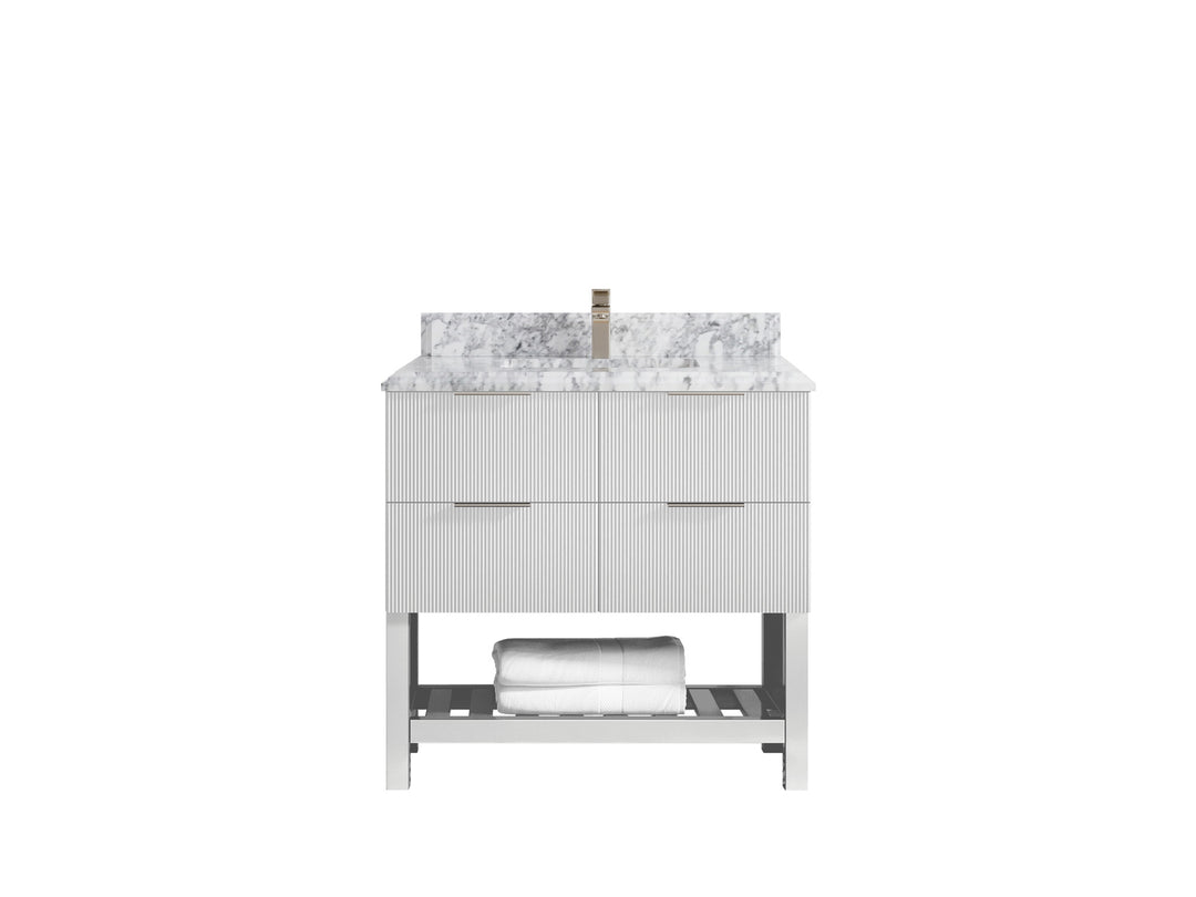 Catalina 36 in. W x 22 in. D Single Sink Bathroom Vanity in Pewter Green with 1.5 in Double Cove Edge Carrara Marble Countertop
