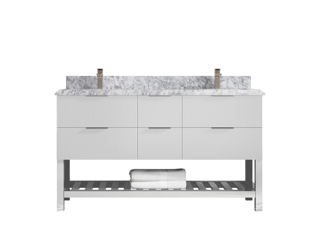 Catalina 60 in. W x 22 in. D Double Sink Bathroom Vanity in White with 1.5 in Double Cove Edge Carrara Marble Quartz Countertop