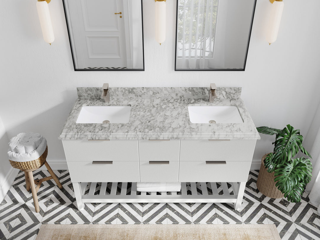 Catalina 60 in. W x 22 in. D Double Sink Bathroom Vanity in White with 1.5 in Double Cove Edge Carrara Marble Quartz Countertop- Top View