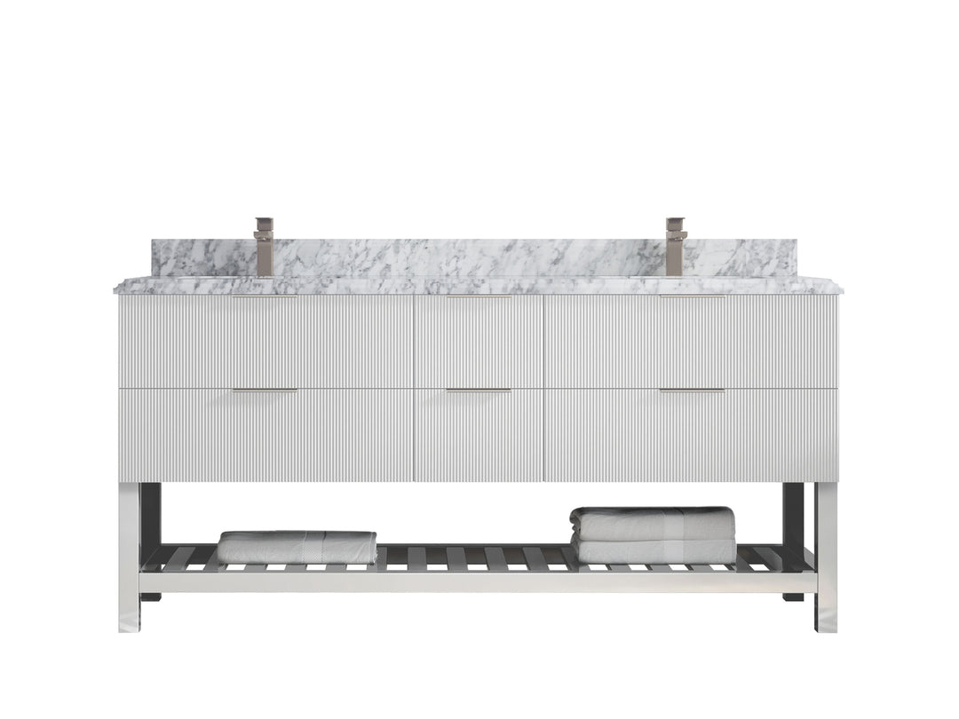 Catalina 72 in. W x 22 in. D Double Sink Bathroom Vanity in White with 1.5 in Double Cove Edge Carrara Marble Countertop
