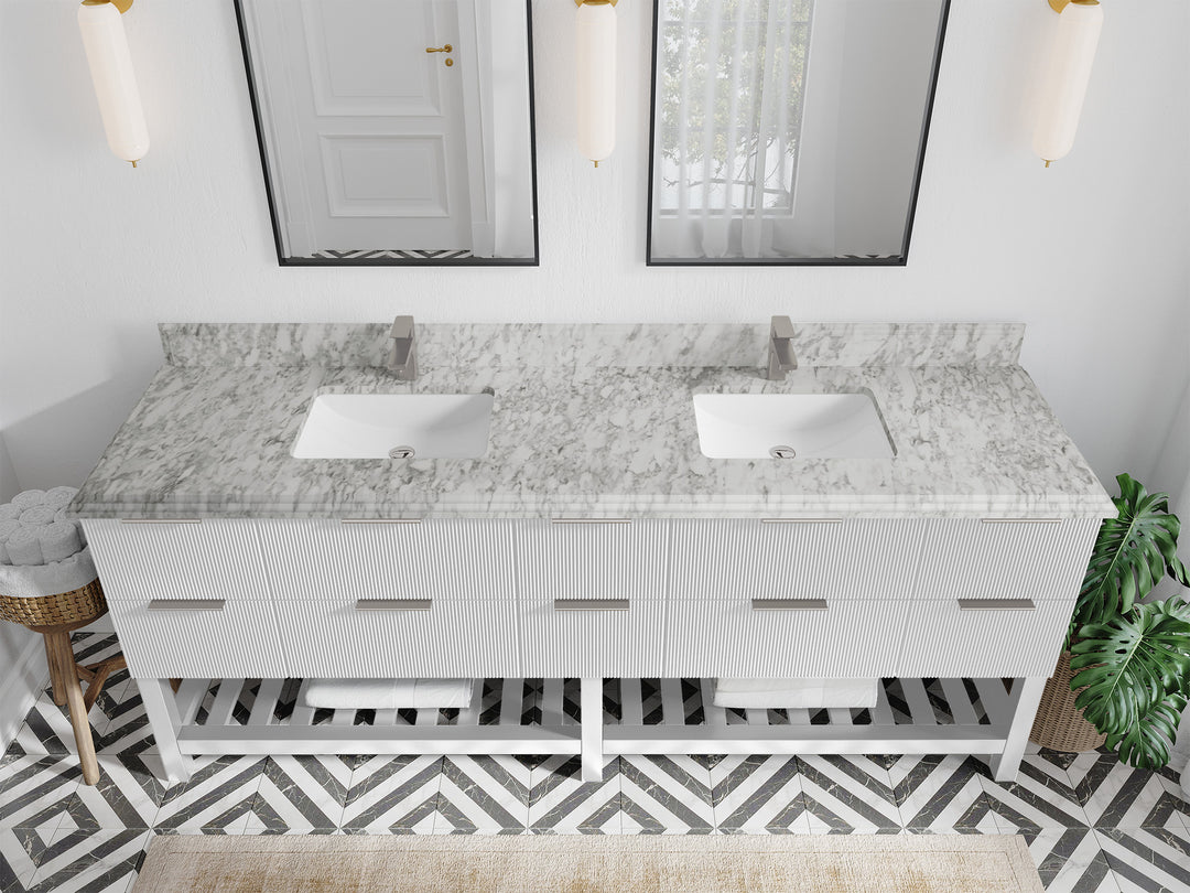 Catalina 84 in. W x 22 in. D Double Sink Bathroom Vanity in White with 1.5 in Double Cove Edge Carrara Marble Countertop - Top View 