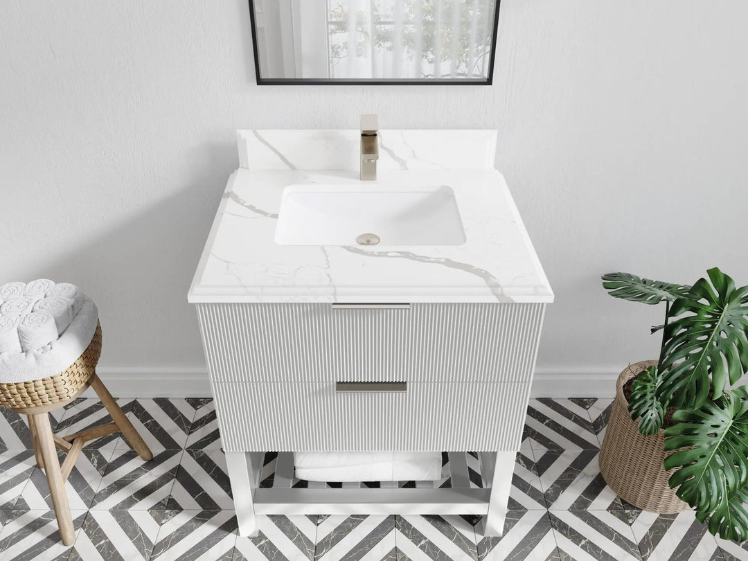 Catalina 30 in. W x 22 in. D Single Sink Bathroom Vanity in White with 1.5 in Double Cove Edge Calacatta Laza Quartz Countertop - Top View