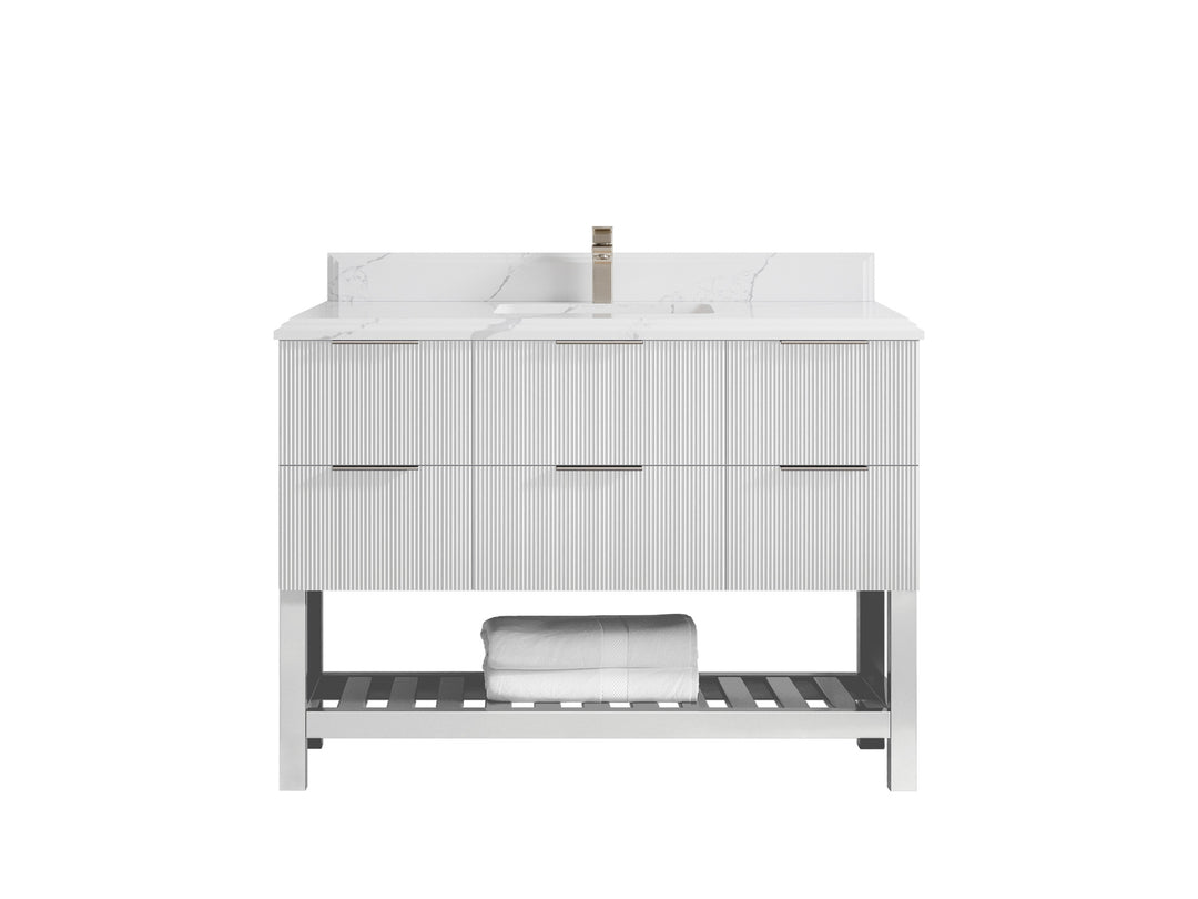 Catalina 48 in. W x 22 in. D Single Sink Bathroom Vanity in White with 1.5 in Double Cove Calacatta Laza Quartz Countertop
