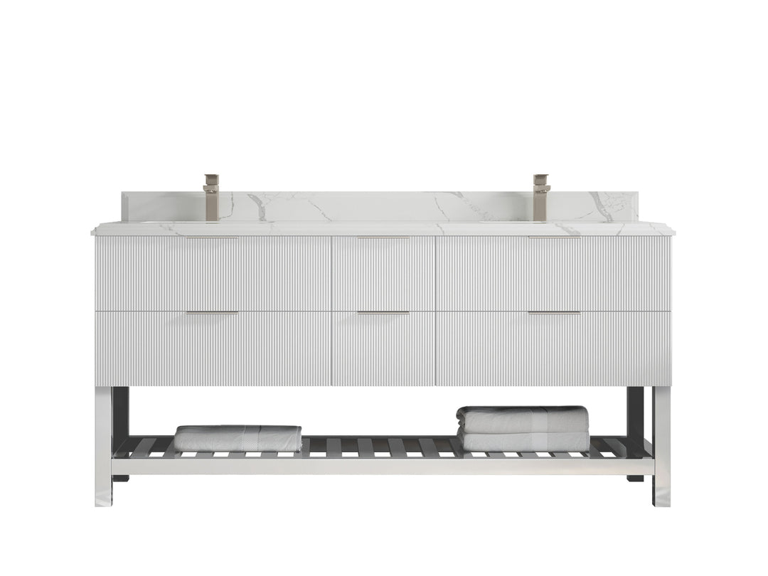 Catalina 72 in. W x 22 in. D Double Sink Bathroom Vanity in White with 1.5 in Double Cove Edge Calacatta Laza Quartz Countertop