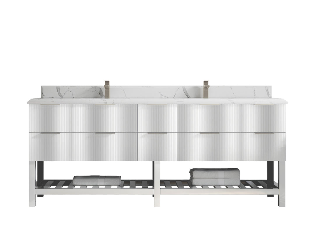 Catalina 84 in. W x 22 in. D Double Sink Bathroom Vanity in White with 1.5 in Double Cove Edge Calacatta Laza Quartz Countertop 
